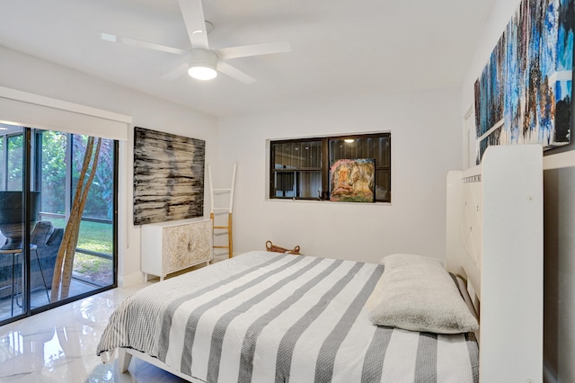 bedroom with ceiling fan and access to exterior