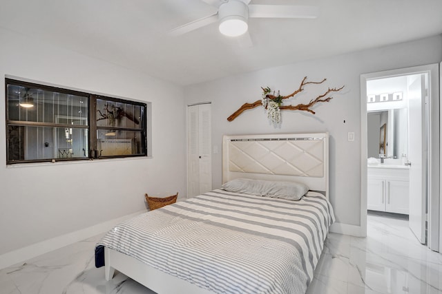 bedroom with ensuite bathroom, a closet, and ceiling fan