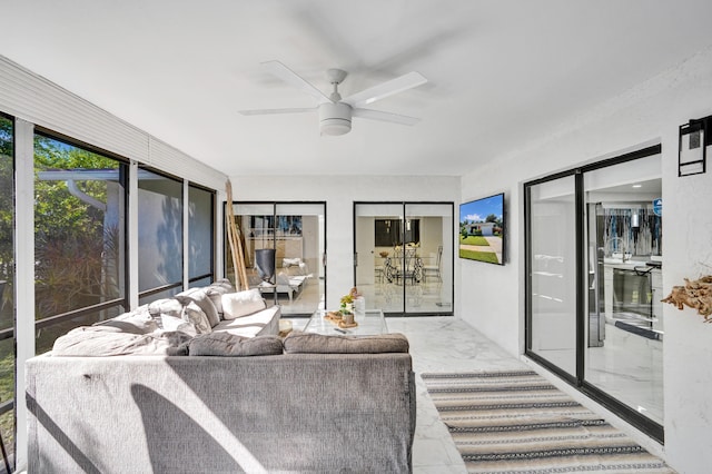 interior space featuring ceiling fan