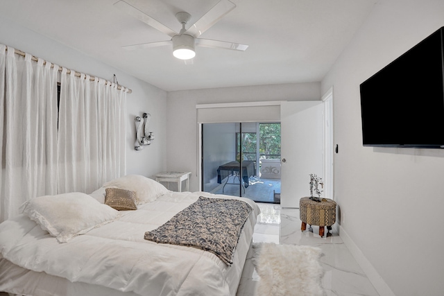 bedroom with ceiling fan and access to exterior