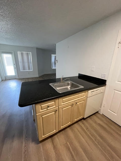 kitchen with kitchen peninsula, dark hardwood / wood-style flooring, sink, and dishwasher