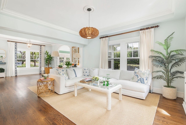 living room with a healthy amount of sunlight, wood-type flooring, and ornamental molding