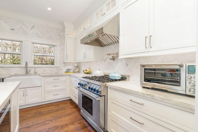 kitchen with stainless steel range, crown molding, white cabinetry, and sink