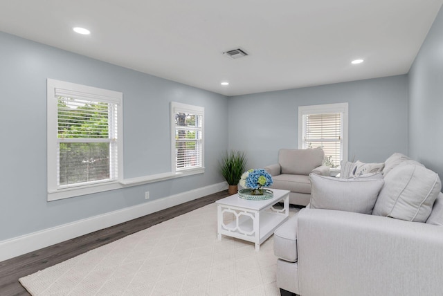 living room featuring light hardwood / wood-style floors and a wealth of natural light