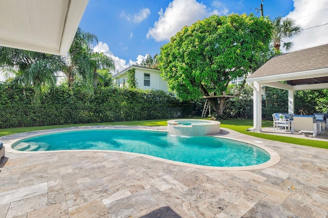 view of swimming pool with a gazebo, an in ground hot tub, and a patio