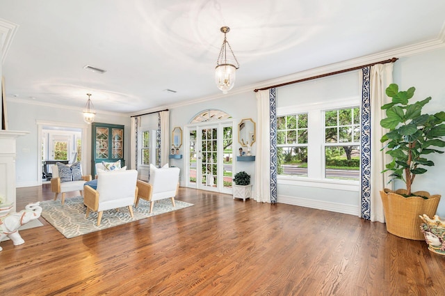 interior space with dark hardwood / wood-style flooring, ornamental molding, and a wealth of natural light