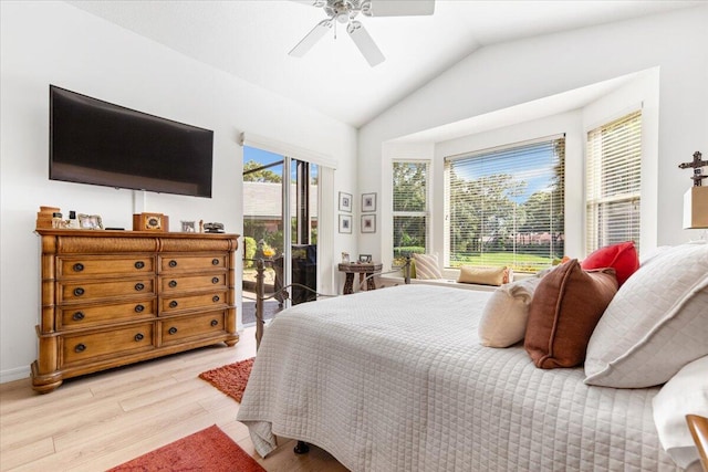 bedroom with lofted ceiling, light wood-type flooring, access to outside, and ceiling fan