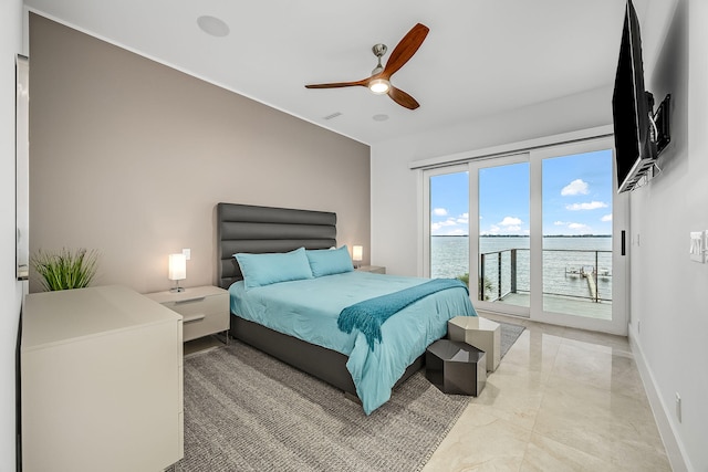 bedroom featuring access to exterior and ceiling fan