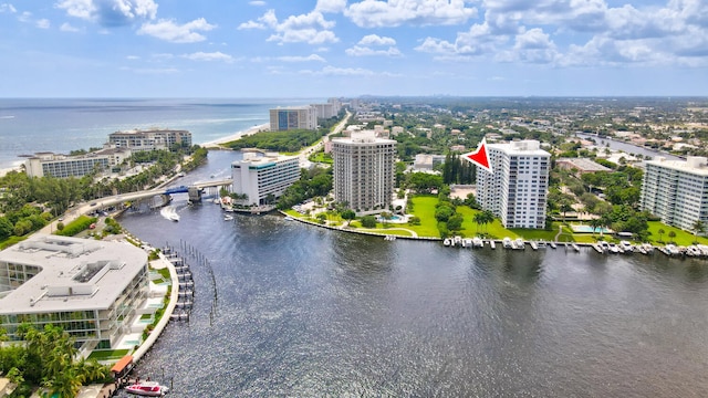 bird's eye view with a city view and a water view