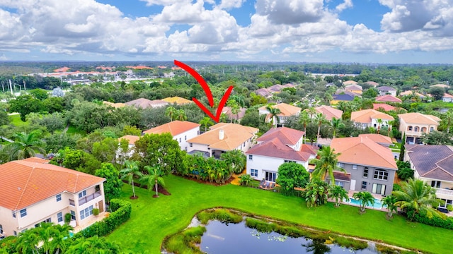 aerial view featuring a water view