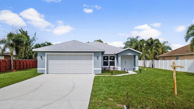 ranch-style house featuring a garage and a front lawn