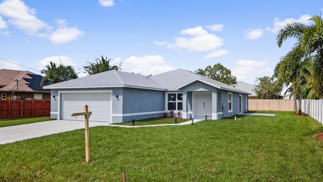 single story home featuring a garage and a front lawn