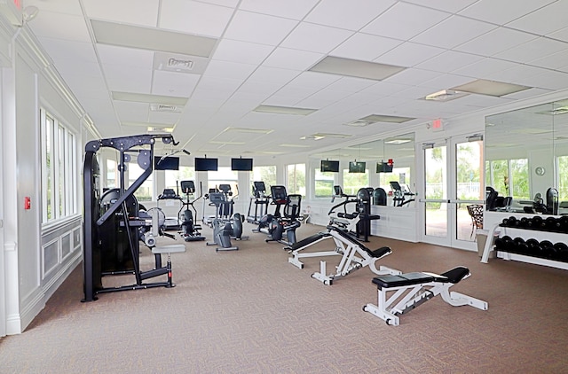 workout area featuring french doors, carpet floors, and a paneled ceiling