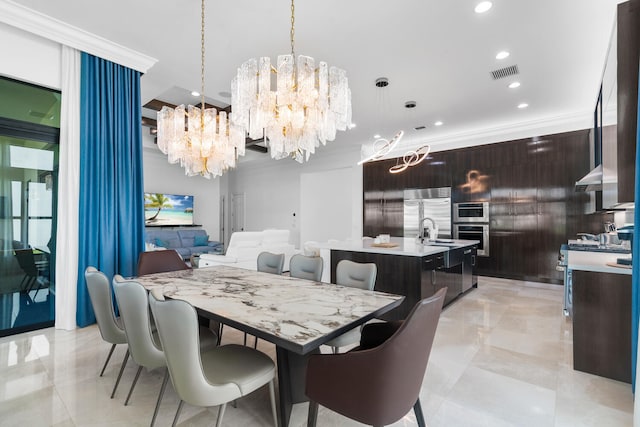 dining space featuring visible vents, crown molding, and recessed lighting