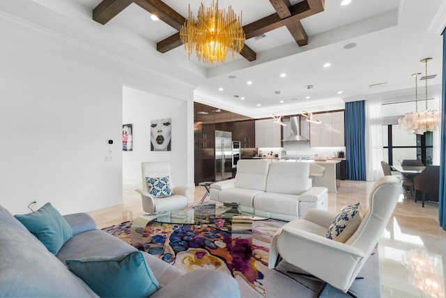 living room featuring a chandelier, recessed lighting, coffered ceiling, and beamed ceiling