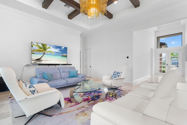 living area with a chandelier, coffered ceiling, beamed ceiling, and a towering ceiling