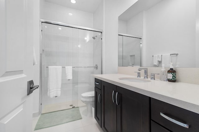 full bath with vanity, tile patterned flooring, a shower stall, and toilet