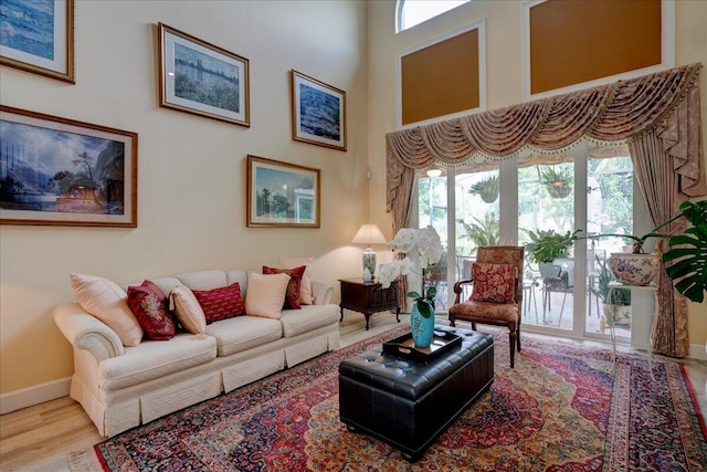 living room with french doors, light hardwood / wood-style floors, and a wealth of natural light