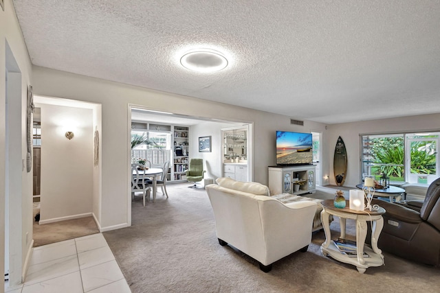 living room with carpet and a textured ceiling