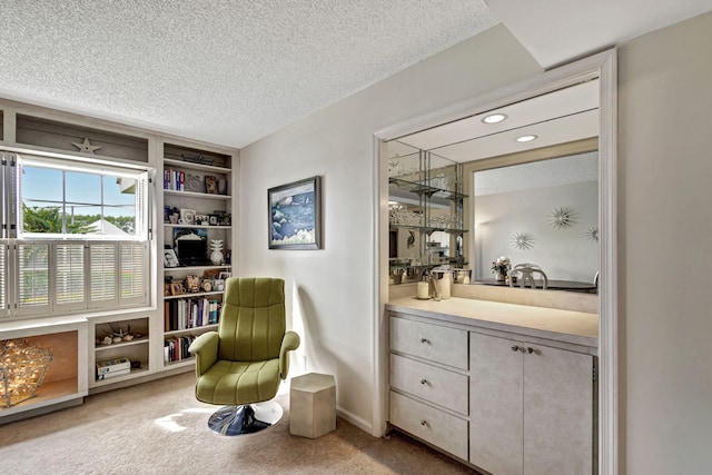 sitting room featuring light carpet and a textured ceiling