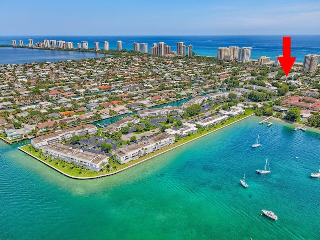 drone / aerial view with a water view