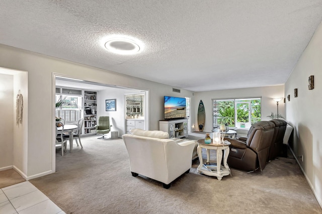 living room with carpet and a textured ceiling