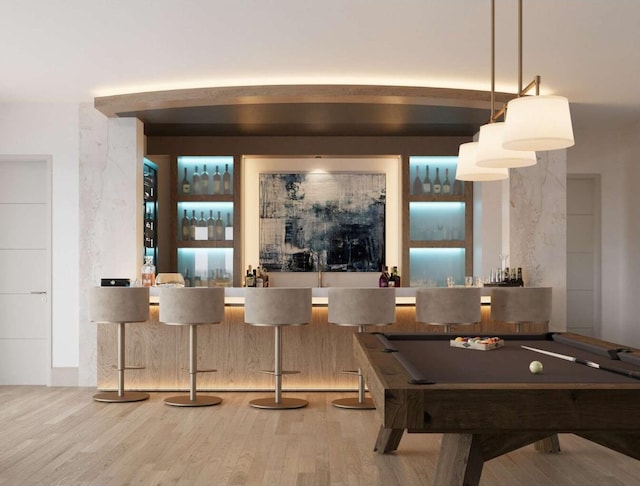 bar featuring pool table, hanging light fixtures, and wood-type flooring