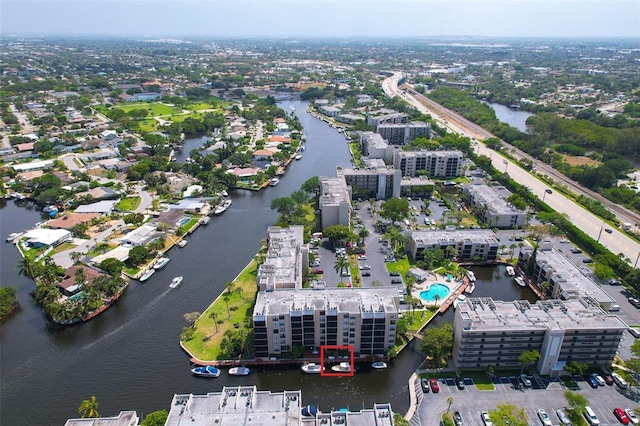 bird's eye view with a water view