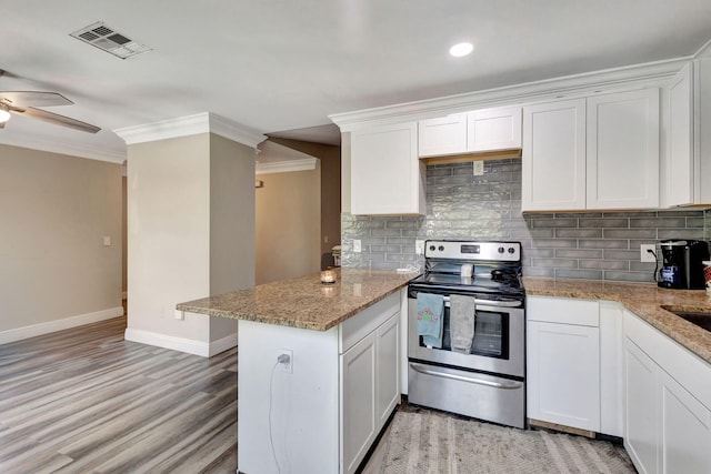 kitchen featuring stainless steel electric stove, white cabinetry, kitchen peninsula, and crown molding