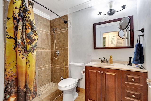 bathroom with toilet, tile patterned floors, curtained shower, vanity, and crown molding