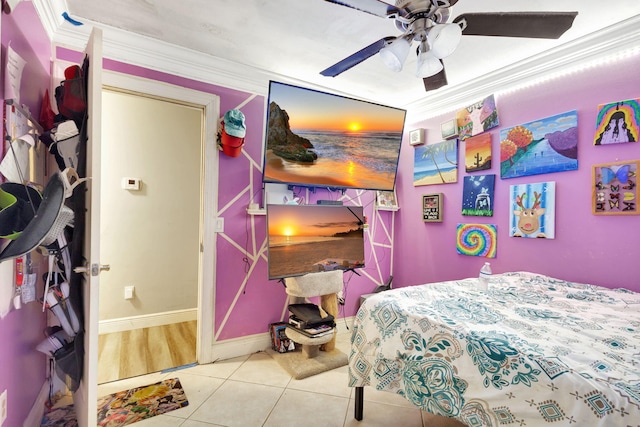 bedroom with light tile patterned flooring, ceiling fan, and crown molding