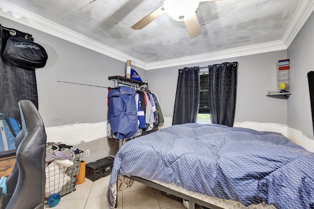 bedroom with light tile patterned flooring, ceiling fan, and crown molding