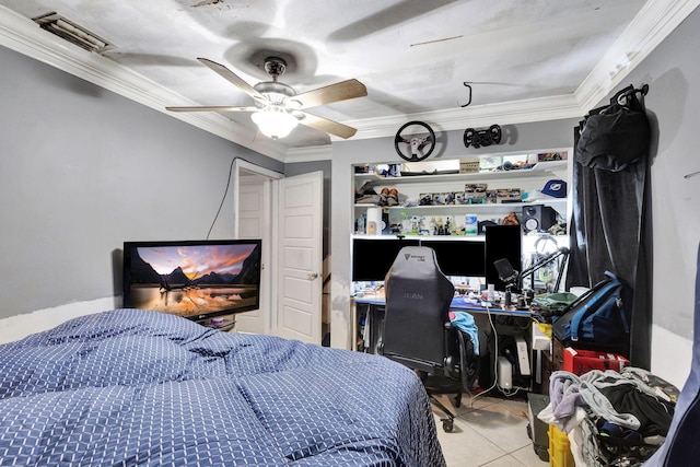 tiled bedroom featuring a textured ceiling, ceiling fan, and crown molding