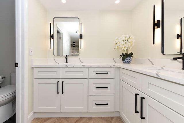 bathroom with hardwood / wood-style flooring, vanity, and toilet