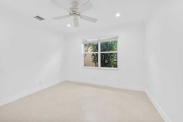 7234 Vesuvio Pl, Boynton Beach, FL 33437 - spare room featuring baseboards, visible vents, recessed lighting, a ceiling fan, and ornamental molding