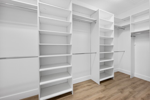 walk in closet with wood-type flooring