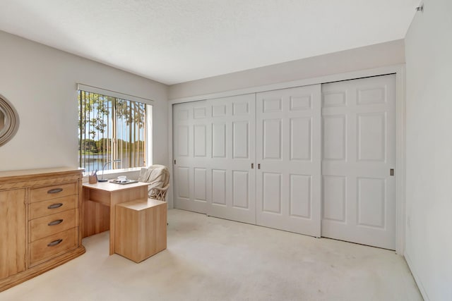 office area with a textured ceiling and light carpet