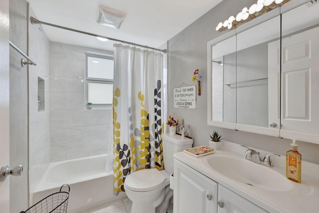 full bathroom featuring vanity, toilet, shower / tub combo, and tile patterned flooring