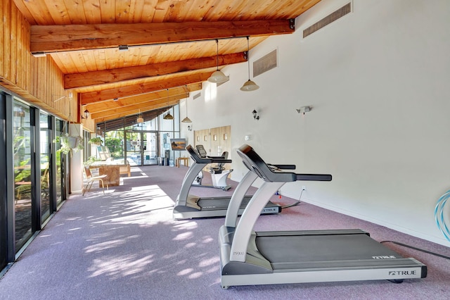 exercise area featuring carpet floors, high vaulted ceiling, and wooden ceiling