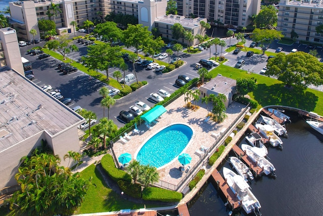 bird's eye view with a water view