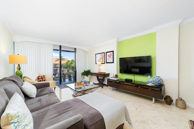 living room with crown molding and expansive windows