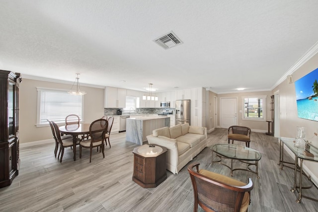 living room featuring ornamental molding, light hardwood / wood-style flooring, a textured ceiling, and a healthy amount of sunlight