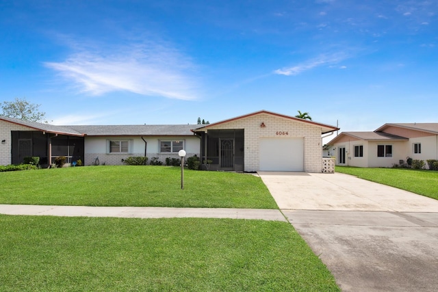 ranch-style house with a garage, a front lawn, and a sunroom