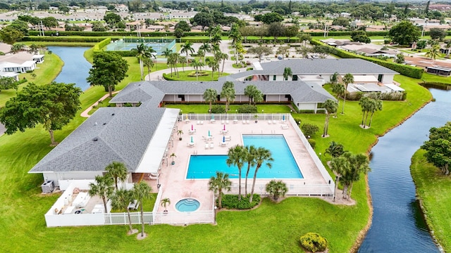 aerial view featuring a water view