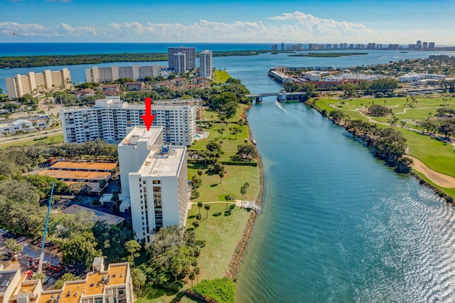 bird's eye view with a water view