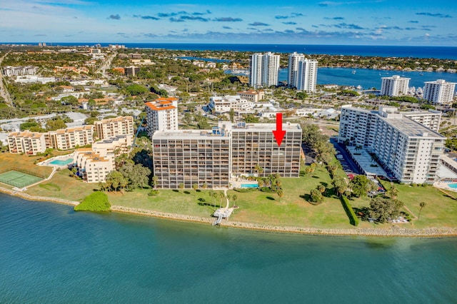 aerial view featuring a water view