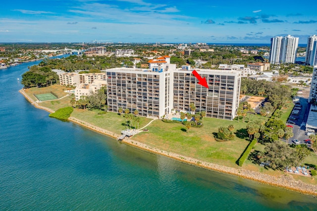 birds eye view of property featuring a water view