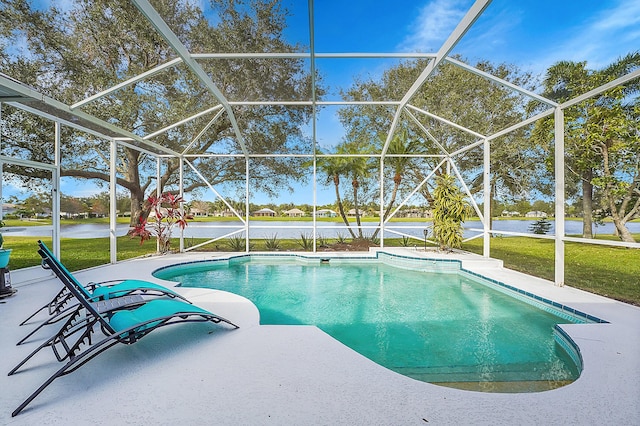 view of swimming pool with a lawn, glass enclosure, a water view, and a patio