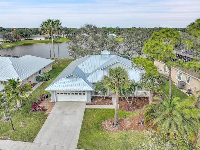 aerial view featuring a water view