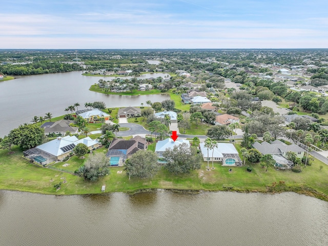 drone / aerial view featuring a water view